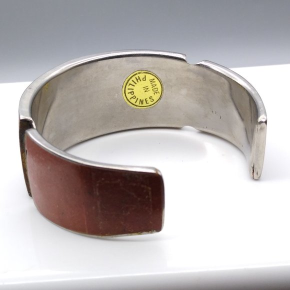 Vintage Coral Cuff Bracelet, Adjustable Made in Philippines, Inlaid Panels - Picture 5 of 6